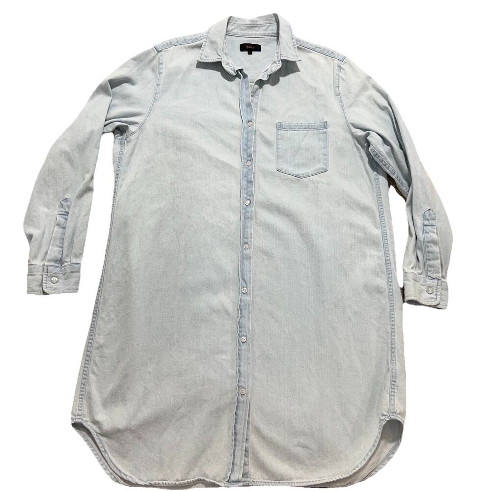 QUINCE Womens L Distressed Denim Mini Shirt Dress in Light Chambray - Picture 2 of 8